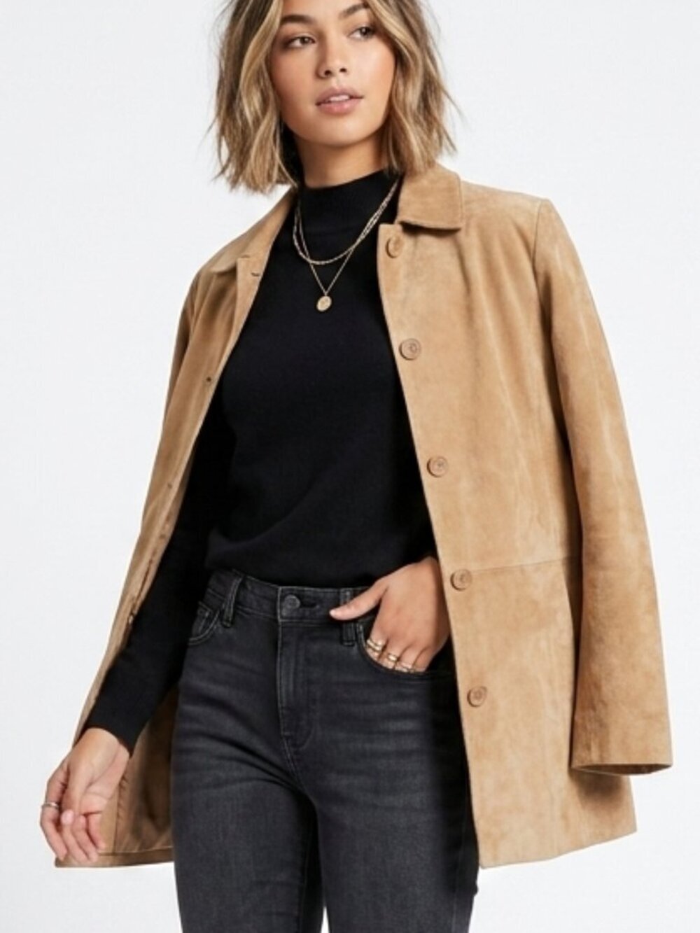 Vintage 90s BERNARDO Suede Leather Car Coat Jacket Tan S/M
